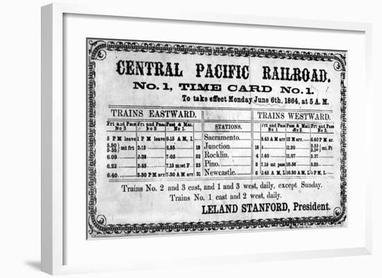 Photographic Print of the Central Pacific Railroad Company's Original Timetable for 6th June 1864-null-Framed Giclee Print