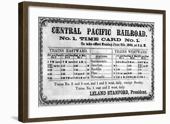 Photographic Print of the Central Pacific Railroad Company's Original Timetable for 6th June 1864-null-Framed Giclee Print