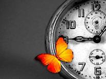 Orange Butterfly Resting over an Old Vintage Clock-Photosani-Framed Art Print