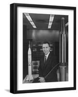 Physicist James A. Van Allen Sitting Between Models of Jupiter "C" Rocket and Explorer Satelliter-Ed Clark-Framed Photographic Print