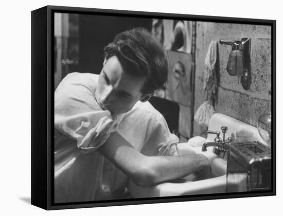 Pianist Glenn Gould Soaking His Hands in Sink to Limber Up His Fingers Before in Studio-Gordon Parks-Framed Stretched Canvas
