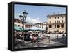 Piazza and Cafe, Menaggio, Lake Como, Lombardy, Italy, Europe-Frank Fell-Framed Stretched Canvas