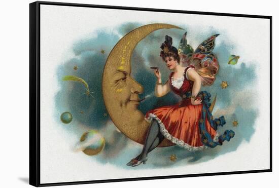 Picant Brand Cigar Box Label, Fairy Woman Smoking on the Moon-Lantern Press-Framed Stretched Canvas