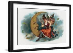 Picant Brand Cigar Box Label, Fairy Woman Smoking on the Moon-Lantern Press-Framed Art Print