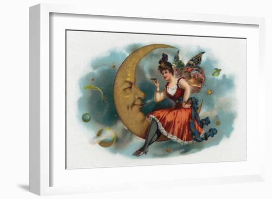 Picant Brand Cigar Box Label, Fairy Woman Smoking on the Moon-Lantern Press-Framed Art Print