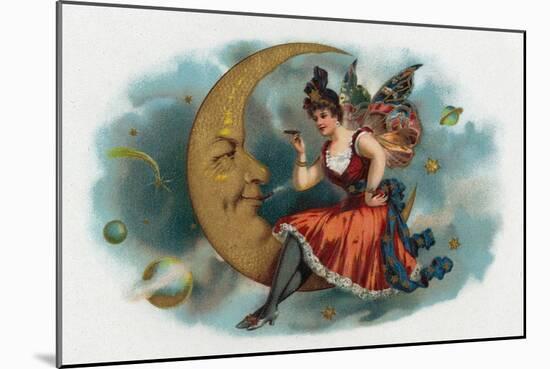 Picant Brand Cigar Box Label, Fairy Woman Smoking on the Moon-Lantern Press-Mounted Art Print