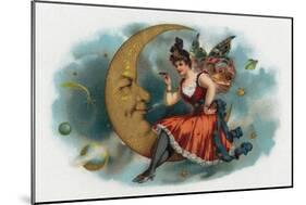Picant Brand Cigar Box Label, Fairy Woman Smoking on the Moon-Lantern Press-Mounted Art Print