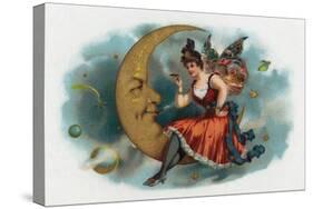 Picant Brand Cigar Box Label, Fairy Woman Smoking on the Moon-Lantern Press-Stretched Canvas