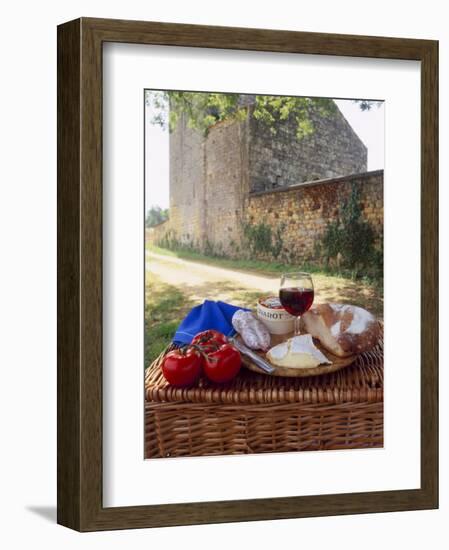 Picnic Lunch of Bread, Cheese, Tomatoes and Red Wine on a Hamper in the Dordogne, France-Michael Busselle-Framed Photographic Print