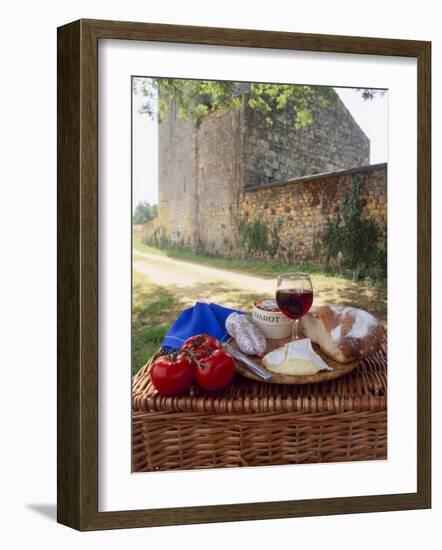 Picnic Lunch of Bread, Cheese, Tomatoes and Red Wine on a Hamper in the Dordogne, France-Michael Busselle-Framed Photographic Print