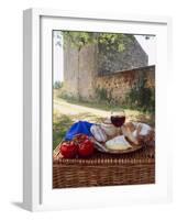 Picnic Lunch of Bread, Cheese, Tomatoes and Red Wine on a Hamper in the Dordogne, France-Michael Busselle-Framed Photographic Print