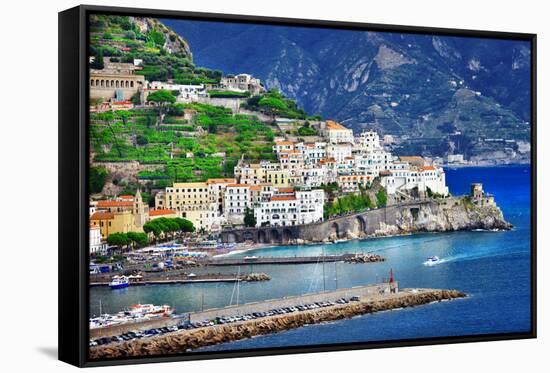 Pictorial Coastal Town Amalfi , Italy-Maugli-l-Framed Stretched Canvas