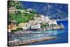 Pictorial Coastal Town Amalfi , Italy-Maugli-l-Stretched Canvas