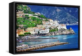 Pictorial Coastal Town Amalfi , Italy-Maugli-l-Framed Stretched Canvas