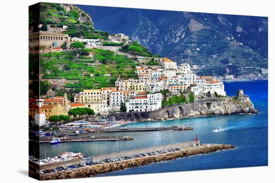 Pictorial Coastal Town Amalfi , Italy-Maugli-l-Stretched Canvas