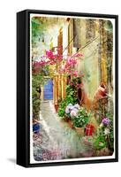 Pictorial Courtyards Of Greece- Artwork In Retro Painting Style-Maugli-l-Framed Stretched Canvas