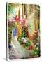 Pictorial Courtyards Of Greece- Artwork In Retro Painting Style-Maugli-l-Stretched Canvas