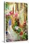 Pictorial Courtyards Of Greece- Artwork In Retro Painting Style-Maugli-l-Stretched Canvas