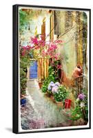 Pictorial Courtyards Of Greece- Artwork In Retro Painting Style-Maugli-l-Framed Art Print
