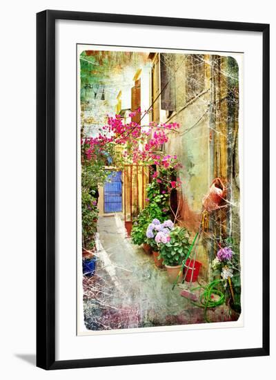 Pictorial Courtyards Of Greece- Artwork In Retro Painting Style-Maugli-l-Framed Art Print