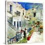 Pictorial Courtyards Of Santorini -Artwork In Painting Style-Maugli-l-Stretched Canvas