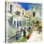 Pictorial Courtyards Of Santorini -Artwork In Painting Style-Maugli-l-Stretched Canvas