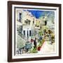 Pictorial Courtyards Of Santorini -Artwork In Painting Style-Maugli-l-Framed Art Print