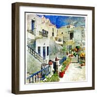 Pictorial Courtyards Of Santorini -Artwork In Painting Style-Maugli-l-Framed Art Print