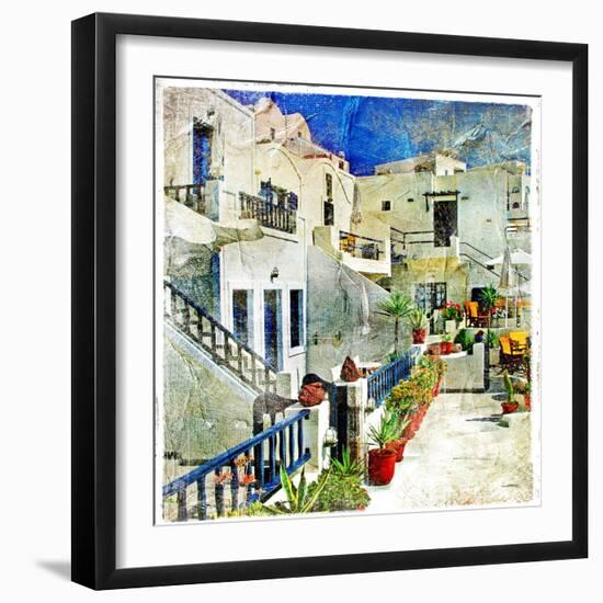 Pictorial Courtyards Of Santorini -Artwork In Painting Style-Maugli-l-Framed Art Print