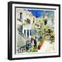 Pictorial Courtyards Of Santorini -Artwork In Painting Style-Maugli-l-Framed Art Print