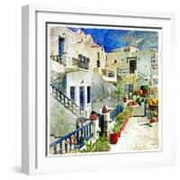 Pictorial Courtyards Of Santorini -Artwork In Painting Style-Maugli-l-Framed Art Print