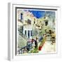 Pictorial Courtyards Of Santorini -Artwork In Painting Style-Maugli-l-Framed Art Print