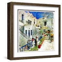 Pictorial Courtyards Of Santorini -Artwork In Painting Style-Maugli-l-Framed Art Print