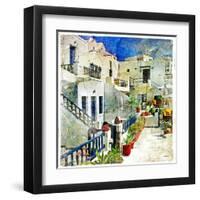 Pictorial Courtyards Of Santorini -Artwork In Painting Style-Maugli-l-Framed Art Print