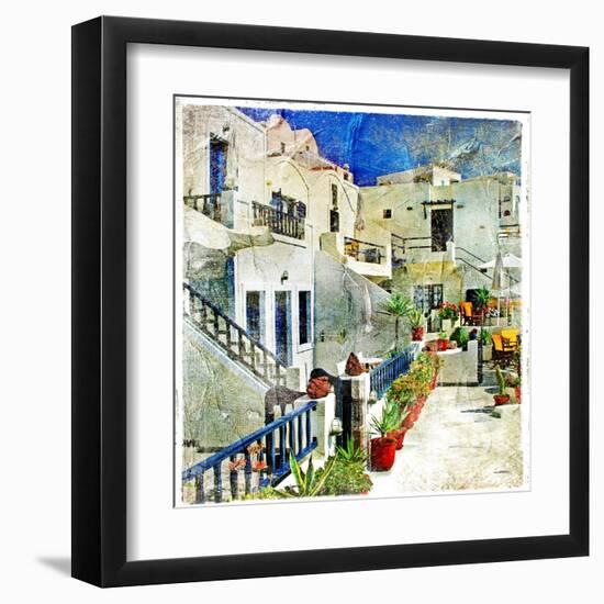 Pictorial Courtyards Of Santorini -Artwork In Painting Style-Maugli-l-Framed Art Print