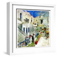 Pictorial Courtyards Of Santorini -Artwork In Painting Style-Maugli-l-Framed Art Print