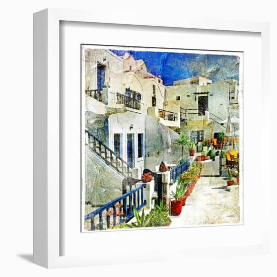 Pictorial Courtyards Of Santorini -Artwork In Painting Style-Maugli-l-Framed Art Print