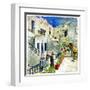 Pictorial Courtyards Of Santorini -Artwork In Painting Style-Maugli-l-Framed Art Print