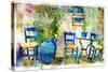 Pictorial Details of Greece - Old Chairs in Taverna- Retro Styled Picture-Maugli-l-Stretched Canvas