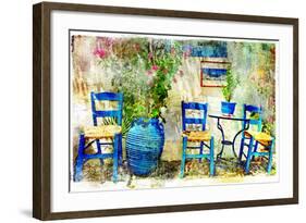 Pictorial Details of Greece - Old Chairs in Taverna- Retro Styled Picture-Maugli-l-Framed Art Print