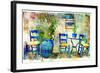 Pictorial Details of Greece - Old Chairs in Taverna- Retro Styled Picture-Maugli-l-Framed Art Print