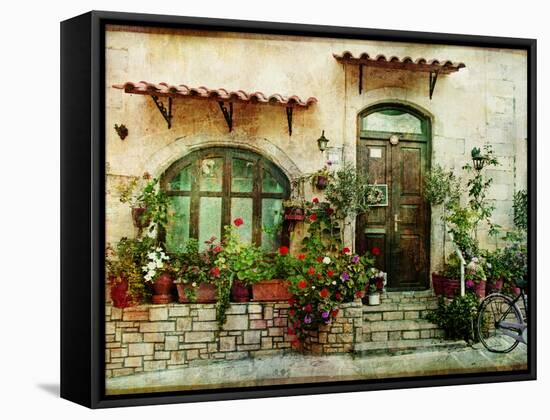 Pictorial Greek Villages Artwork in Retro Style-Maugli-l-Framed Stretched Canvas