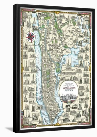 Pictorial Map Of Manhattan, New York-null-Framed Poster