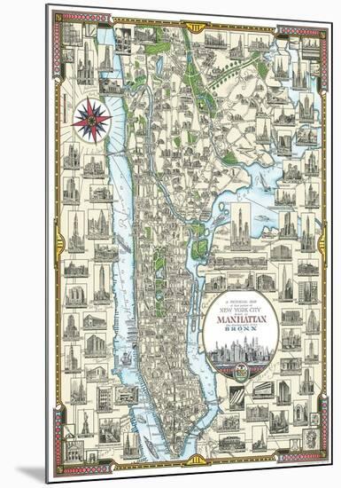 Pictorial Map Of Manhattan, New York-null-Mounted Poster