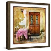 Pictorial Old Greek Streets With Tavernas - Retro Styled Picture-Maugli-l-Framed Art Print