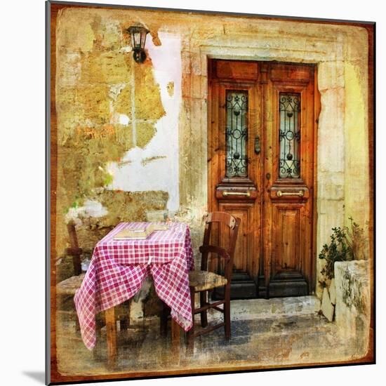Pictorial Old Greek Streets With Tavernas - Retro Styled Picture-Maugli-l-Mounted Art Print