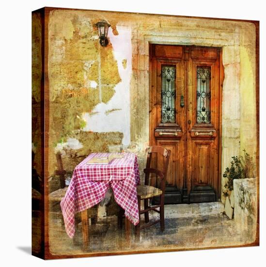 Pictorial Old Greek Streets With Tavernas - Retro Styled Picture-Maugli-l-Stretched Canvas