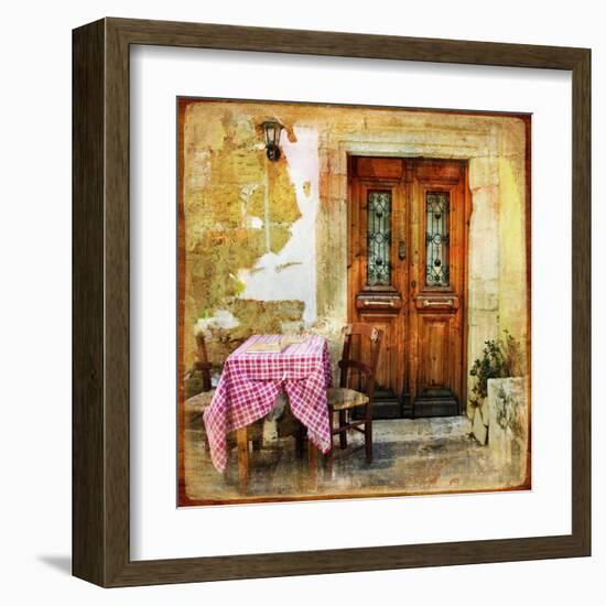 Pictorial Old Greek Streets With Tavernas - Retro Styled Picture-Maugli-l-Framed Art Print