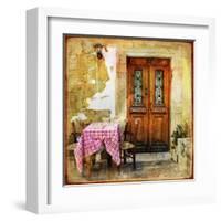 Pictorial Old Greek Streets With Tavernas - Retro Styled Picture-Maugli-l-Framed Art Print