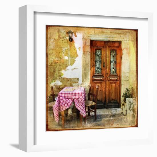 Pictorial Old Greek Streets With Tavernas - Retro Styled Picture-Maugli-l-Framed Art Print